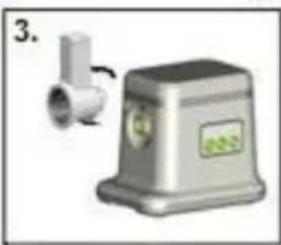 Illustration of a stainless steel kitchen tool with a pipe fitting and label (no text or symbols on the device itself)