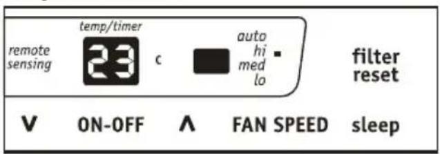 remote sensing temp/timer 23 c auto hi med lo filter reset V ON-OFF ∧ FAN SPEED sleep