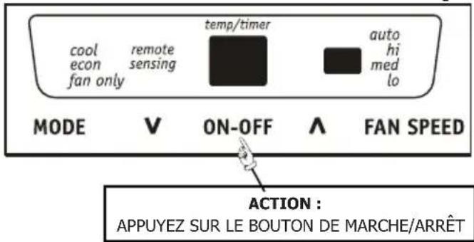 cool remote temp/timer auto econ sensing hi fan only med lo MODE V ON-OFF ∧ FAN SPEED ACTION : APPUYEZ SUR LE BOUTON DE MARCHE/ARRÊT