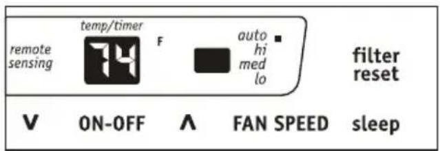 temp/timer remote sensing F auto hi med lo filter reset V ON-OFF ∧ FAN SPEED sleep