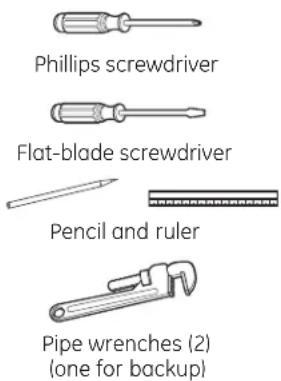 Phillips screwdriver Flat-blade screwdriver Pencil and ruler Pipe wrenches (2) (one for backup)
