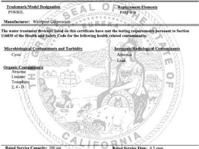 Trademark/Model Designation P5WB2L Replacement Elements P4RFWB Manufacturer: Whirlpool Corporation The water treatment device(s) listed on this certificate have met the testing requirements pursuant to Section 116830 of the Health and Safety Code for the following health related contaminants: Microbiological Contaminants and Turbidity Cysts Organic Contaminants Atrazine Lindane Toxaphene 2, 4 - D Inorganic/Radiological Contaminants Asbestos Lead Rated Service Capacity: 200 gal Rated Service Flow: 0.5 gpm