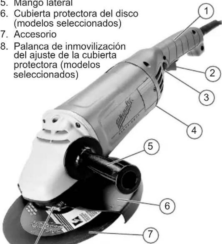 5. Mango lateral 6. Cubierta protectora del disco (modelos seleccionados) 7. Accesorio 8. Palanca de inmovilización del ajuste de la cubierta protectora (modelos seleccionados)