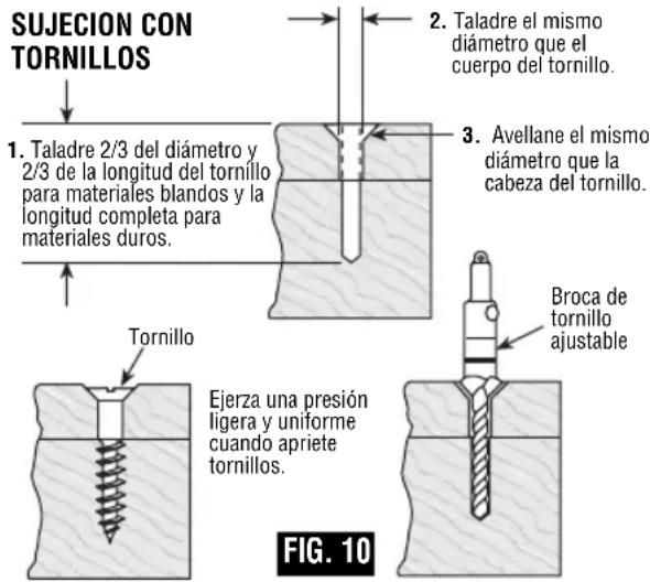 SUJECION CON TORNILLOS 1. Taladre 2/3 del diámetro y 2/3 de la longitud del tornillo para materiales blandos y la longitud completa para materiales duros. Tornillo Ejerza una presión ligera y uniforme cuando apriete tornillos. 2. Taladre el mismo diámetro que el cuerpo del tornillo. 3. Avellane el mismo diámetro que la cabeza del tornillo. Broca de tornillo ajustable FIG. 10