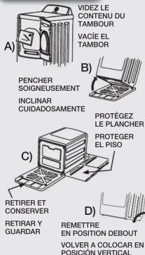 A) VIDEZ LE CONTENU DU TAMBOUR VACIE EL TAMBOR B) PENCHER SOIGNEUSEMENT INCLINAR CUIDADOSAMENTE C) PROTEGEZ LE PLANCHER PROTEGER EL PISO D) RETIRER ET CONSERVER RETIRAR Y GUARDAR REMETtre EN POSITION DEBOUT VOLVER A COLOCAR EN POSIÑO VERTICAL