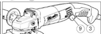 Technical diagram of a power saw with numbered callouts indicating components