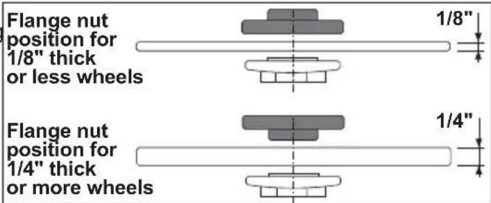 Flange nut position for 1/8" thick or less wheels 1/8" Flange nut position for 1/4" thick or more wheels 1/4"