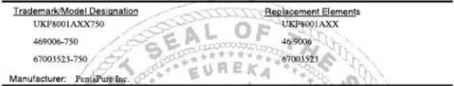 Trademark/Model Designation UKF8001AXX750 469006-750 67003523-750 Manufacturer: PentaPure Inc. Replacement Elements UKF8001AXX 469006 67003523