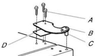 Technical diagram of a mechanical clamp or bracket assembly with labeled parts A, B, C, and D