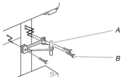 Technical diagram showing mechanical assembly with labeled parts A and B, including spring and rod connections