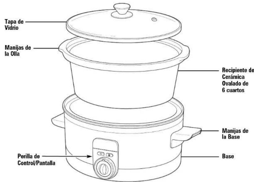 Tapa de Vidrio Manijas de la Olla Recipiente de Cerámica Ovalado de 6 cuartos Manijas de la Base Perilla de Control/Pantalla Base