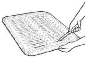 Hand-drawn sketch of a hand writing on a document with lines and text, possibly indicating a form or checklist.