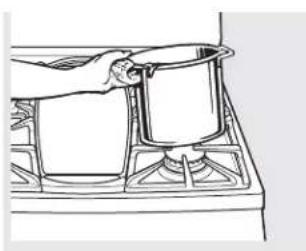 Line drawing of a hand pouring liquid into a pan on a stove (no text or symbols)