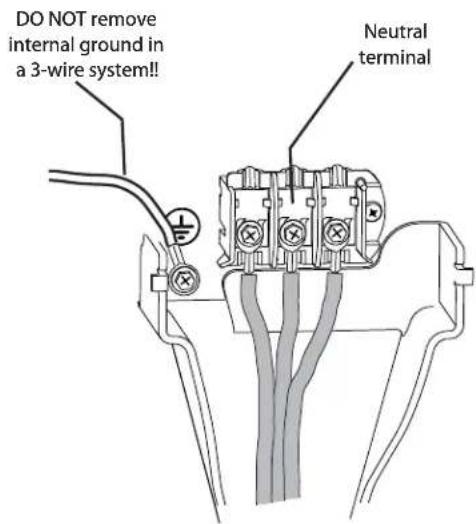 DO NOT remove internal ground in a 3-wire system!! Neutral terminal