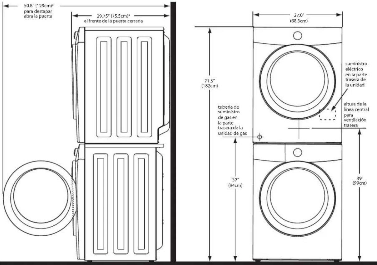 50.8" (129cm)* para destapar abra la puerta 29.75" (75.5cm)* al frente de la puerta cerrada 71.5" (182cm) tuberia de suministro de gas en la parte trasera de la unidad de gas 37" (94cm) 27.0" (68.5cm) suministro eléctrico en la parte trasera de la unidad altura de la línea central para ventilación trasera 39" (99cm)