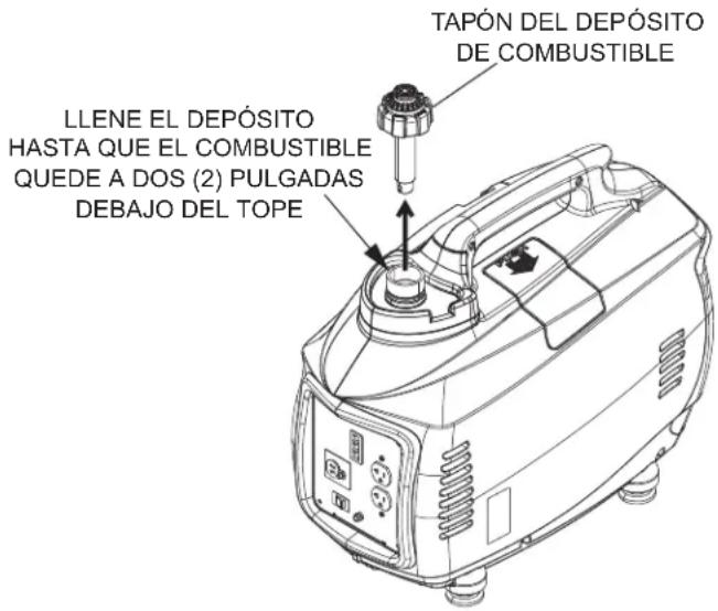 TAPÓN DEL DEPÓSITO DE COMBUSTIBLE LLENE EL DEPÓSITO HASTA QUE EL COMBUSTIBLE QUEDE A DOS (2) PULGADAS DEBAJO DEL TOPE