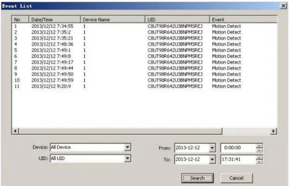 Event List No Date/Time Device Name UID Event 1 2013/12/12 7:34:55 1 C8UT98R642U3BNPMSREJ Motion Detect 2 2013/12/12 7:35:2 1 C8UT98R642U3BNPMSREJ Motion Detect 3 2013/12/12 7:35:21 1 C8UT98R642U3BNPMSREJ Motion Detect 4 2013/12/12 7:48:36 1 C8UT98R642U3BNPMSREJ Motion Detect 5 2013/12/12 7:49:1 1 C8UT98R642U3BNPMSREJ Motion Detect 6 2013/12/12 7:49:8 1 C8UT98R642U3BNPMSREJ Motion Detect 7 2013/12/12 7:49:17 1 C8UT98R642U3BNPMSREJ Motion Detect 8 2013/12/12 7:49:44 1 C8UT98R642U3BNPMSREJ Motion Detect 9 2013/12/12 7:49:50 1 C8UT98R642U3BNPMSREJ Motion Detect 10 2013/12/12 7:49:59 1 C8UT98R642U3BNPMSREJ Motion Detect 11 2013/12/12 9:20:9 1 C8UT98R642U3BNPMSREJ Motion Detect Device: All Device From: 2013-12-12 0:00:00 UID: All UID To: 2013-12-12 17:31:41 Search Cancel