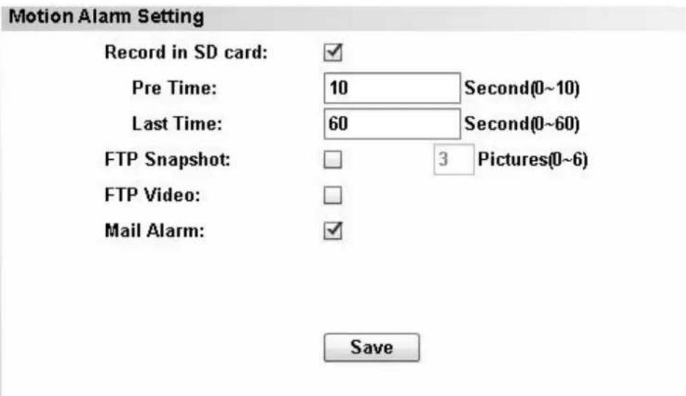 Motion Alarm Setting Record in SD card: ✓ Pre Time: 10 Second(0~10) Last Time: 60 Second(0~60) FTP Snapshot: □ 3 Pictures(0~6) FTP Video: □ Mail Alarm: ✓ Save