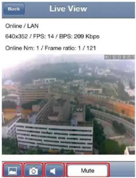 Back Live View Online / LAN 640x352 / FPS: 14 / BPS: 209 Kbps Online Nm: 1 / Frame ratio: 1 / 121 Mute