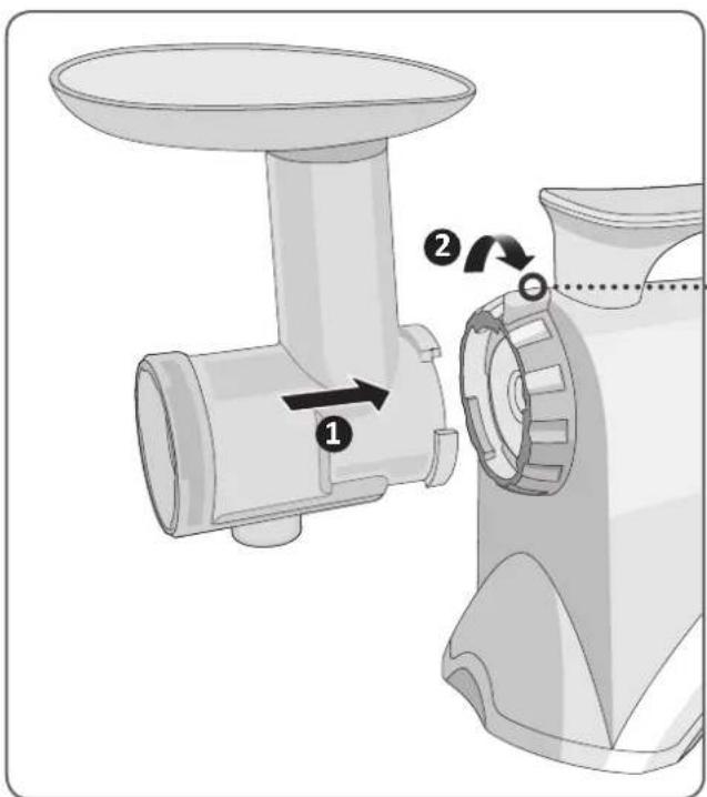 Diagram of a food grater with labeled parts and directional arrows indicating processing steps