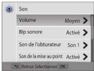 Son Volume Moyen > Bip sonore Activé > Son de l'obturateur Son 1 > Son de la mise au point Activé > Retour Sélectionner OK