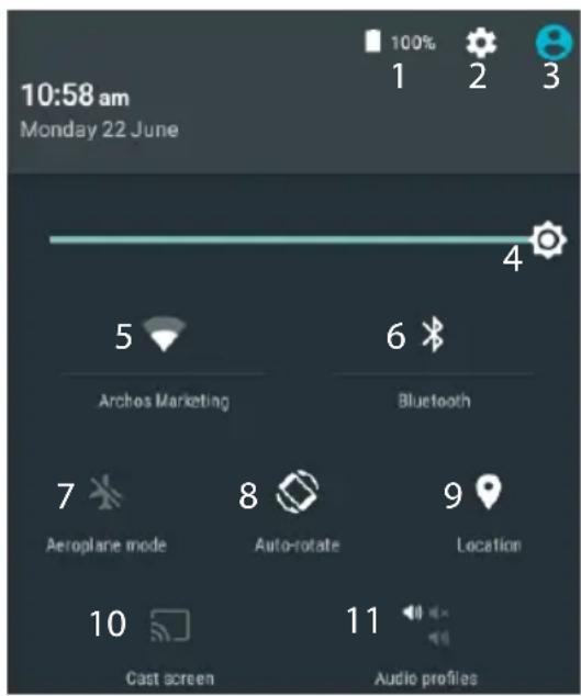 10:58 am Monday 22 June 100% 1 2 3 4 5 Archos Marketing 6 Bluetooth 7 Aeroplane mode 8 Auto-rotate 9 Location 10 Cast screen 11 Audio profiles