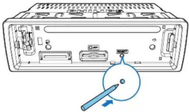 Diagram of a computer rack with labeled ports and a highlighted 'RESET' button, showing internal components and a blue circular annotation.