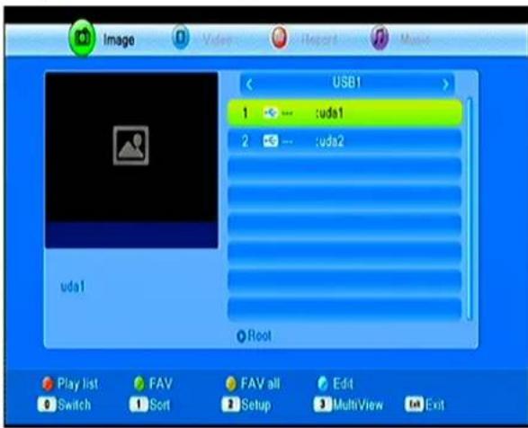 Image Video Report Music USB1 1 ... cuda1 2 ... cuda2 udal Root Play list Switch FAV Sort FAV all Setup Edit MultiView Exit