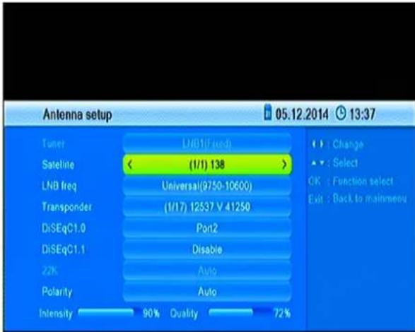 Antenna setup 05.12.2014 13:37 Tuner LN(011fund) Satellite < (1/1) 138 > LNB freq Universal(9750-10600) Transponder (1/17) 12537 V 41250 DiSEqC1.0 Port2 DiSEqC1.1 Disable 22K Auto Polarity Auto Intensity 90% Quality 72% Change Select OK : Function select Exit : Back to mainmenu