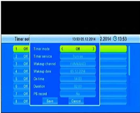 Timer set 13:53 05.12.2014 2.2014 13:53 Timer mode Off Timer service Turn on Wakeup channel YUNNANO3 Wakeup date 05.12.2014 On time 14:00 Duration 92:00 PS record No Save Cancel