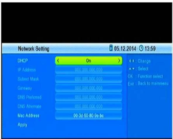 Network Setting 05.12.2014 13:59 DHCP < On > IP Address 000,000,000,000 Bullet Mask 000,000,000,000 Gateway 000,000,000,000 DNS Preferred 000,000,000,000 DNS Alternate 000,000,000,000 Mac Address 00 3d 60-80 9e bc Apply Change Select OK : Function select Exit : Back to mainmenu