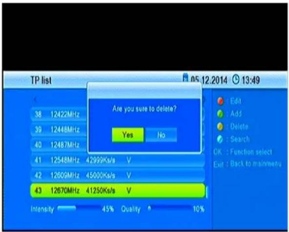 TP list 38 12422MHz 39 12448MHz 40 12487MHz 41 12548MHz 42999Ks/s V 42 12609MHz 45000Ks/s V 43 12670MHz 41250Ks/s V Intensity 45% Quality 10% Are you sure to delete? Yes No Edit Add Delete Search OK : Function select Exit : Back to mainmenu