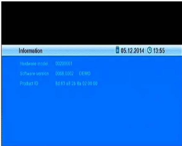 Information 05.12.2014 13:55 Hardware model 00200001 Software version 0068.0002 DEMO Product ID Bd 63 a8 2b 8a 02 00 00
