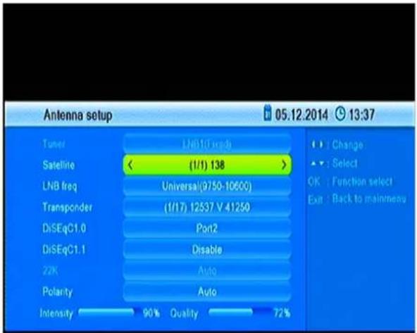 Antenna setup 05.12.2014 13:37 Tuner LNB(10 red) Satellite < (1/1) 138 > LNB freq Universal(9750-10600) Transponder (1/17) 12537 V 41250 DiSEqC1.0 Port2 DiSEqC1.1 Disable 22K Auto Polarity Auto Intensity 90% Quality 72% Change Select OK : Function select Exit : Back to mainmenu