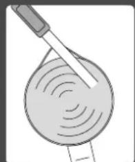 Simple line drawing of a pipette stirring a circular object with concentric rings (no text or symbols)