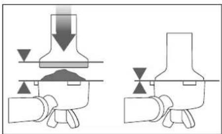 Pure mechanical diagram showing two configurations of a valve or pump assembly with no text, numbers, or symbols.