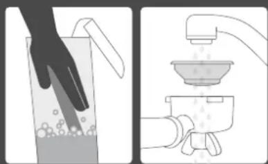Two-step illustration showing a hand cleaning a container and pouring liquid from a drain into a spray bottle (no text or symbols)
