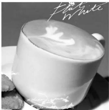 Black and white photo of a cup with milk being poured into it, no visible text or symbols