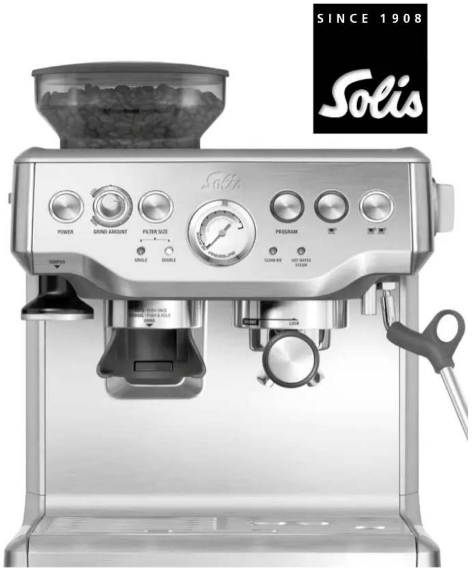 SINCE 1908 Solis POWER GRIND AMOUNT FILTER SIZE PROGRAM SOLIS GREEN ME CLEASH ME HOT WATER STEAM TAMPER SHORT PUSK ONCE SPRING & FRESH & HELO DRINK LOCK