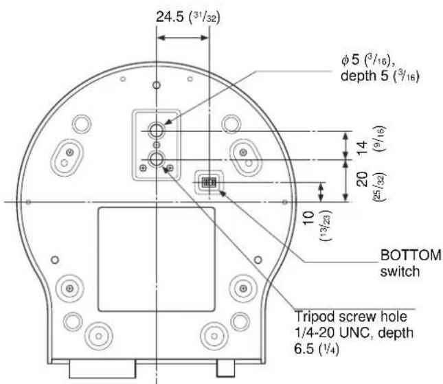 24.5 (31/32) φ5 (3/16), depth 5 (3/16) 14 (9/16) 20 (25/32) 10 (13/23) BOTTOM switch Tripod screw hole 1/4-20 UNC, depth 6.5 (1/4)