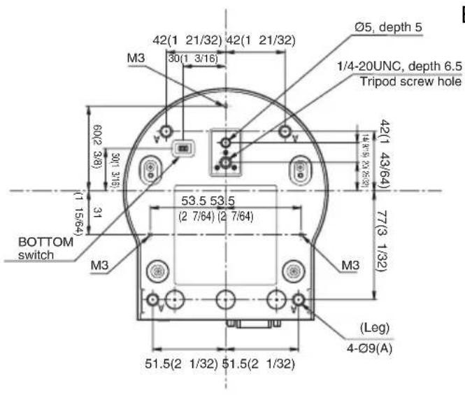 42(1 21/32) 42(1 21/32) Ø5, depth 5 1/4-20UNC, depth 6.5 Tripod screw hole M3 30(1 3/16) 60(2 3/8) 30(1 3/16) 42(1 43/64) 14/95 33/5/32 77(3 1/32) 31 (1 15/64) BOTTOM switch M3 53.5 53.5 (2 7/64) (2 7/64) M3 (Leg) 4-Ø9(A)