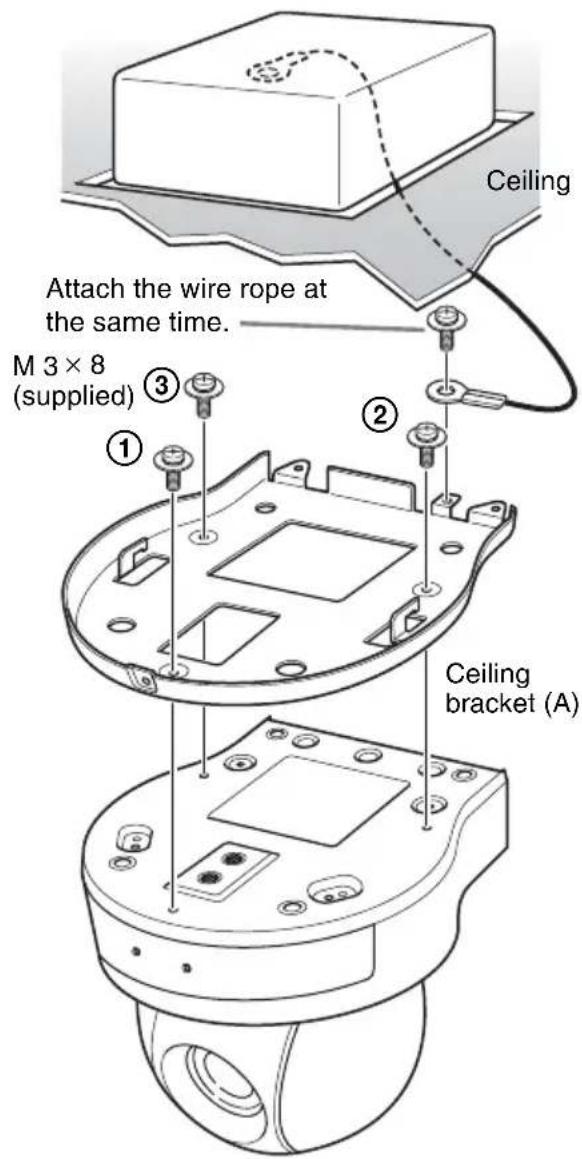 Ceiling Attach the wire rope at the same time. M 3 × 8 (supplied) ③ ① ② Ceiling bracket (A)