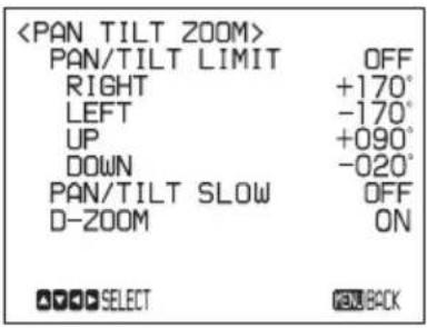 PAN/TILT LIMIT OFF RIGHT +170° LEFT -170° UP +090° DOWN -020° PAN/TILT SLOW OFF D-ZOOM ON SELECT BACK