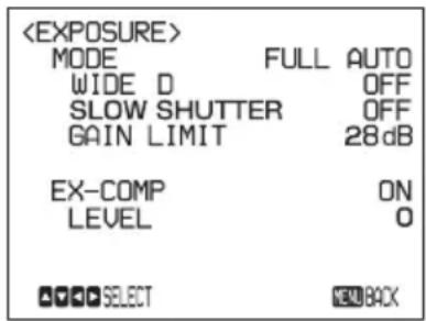 MODE FULL AUTO WIDE D OFF SLOW SHUTTER OFF GAIN LIMIT 28dB EX-COMP ON LEVEL 0 SELECT NEW BACK