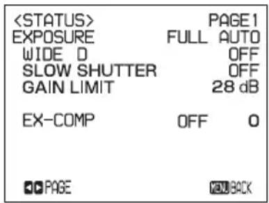 PAGE1 EXPOSURE FULL AUTO WIDE D OFF SLOW SHUTTER OFF GAIN LIMIT 28 dB EX-COMP OFF 0 PAGE NO BACK