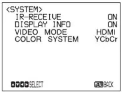 IR-RECEIVE ON DISPLAY INFO ON VIDEO MODE HDMI COLOR SYSTEM YCbCr SELECT KEY_BACK