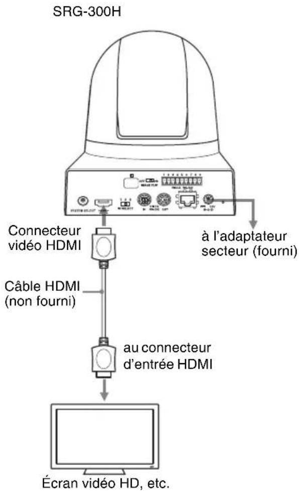 SRG-300H Connecteur vidéo HDMI Câble HDMI (non fourni) au connecteur d'entrée HDMI à l'adaptateur secteur (fourni) Écran vidéo HD, etc.