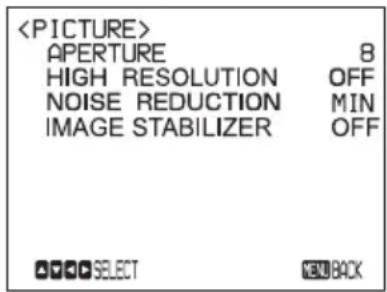 APERTURE 8 HIGH RESOLUTION OFF NOISE REDUCTION MIN IMAGE STABILIZER OFF SELECT NEW BACK