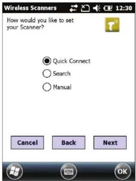 How would you like to set your Scanner? Quick Connect Search Manual Cancel Back Next