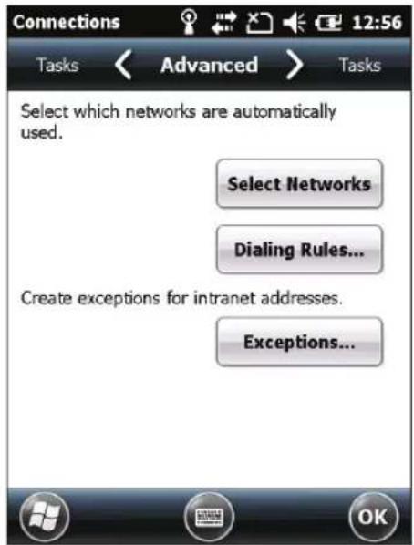Connections Tasks < Advanced > Tasks Select which networks are automatically used. Select Networks Dialing Rules... Create exceptions for intranet addresses. Exceptions...